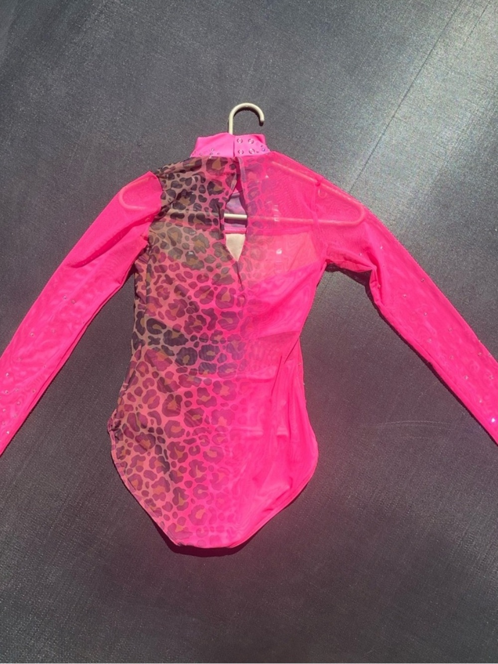 Hot Pink Leopard Mesh Rhinestone Leotard Dance Gymnastics Costume - Picture 5 of 9